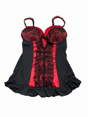 90s/Y2K European Vintage New Look Satin/Lace Corset Babydoll Top (Red/Black) M